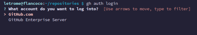 gh auth login prompt asking for what account to log into