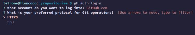 gh auth login prompt asking for your preferred protocol for Git operations