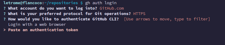 gh auth login prompt asking for which authentication method to use