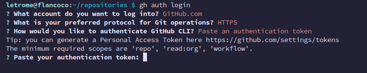 gh auth login prompt displaying the link to create the token, scopes to set and asking for the token