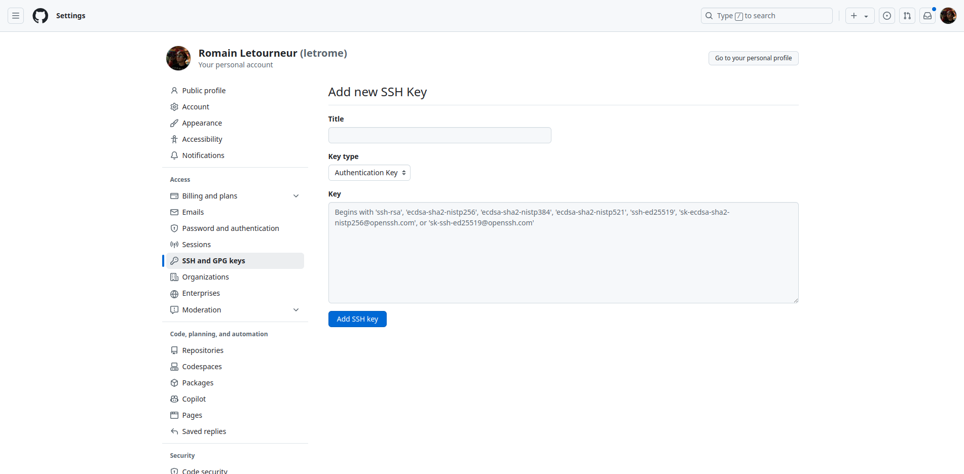 the SSH and GPG keys settings page on GitHub