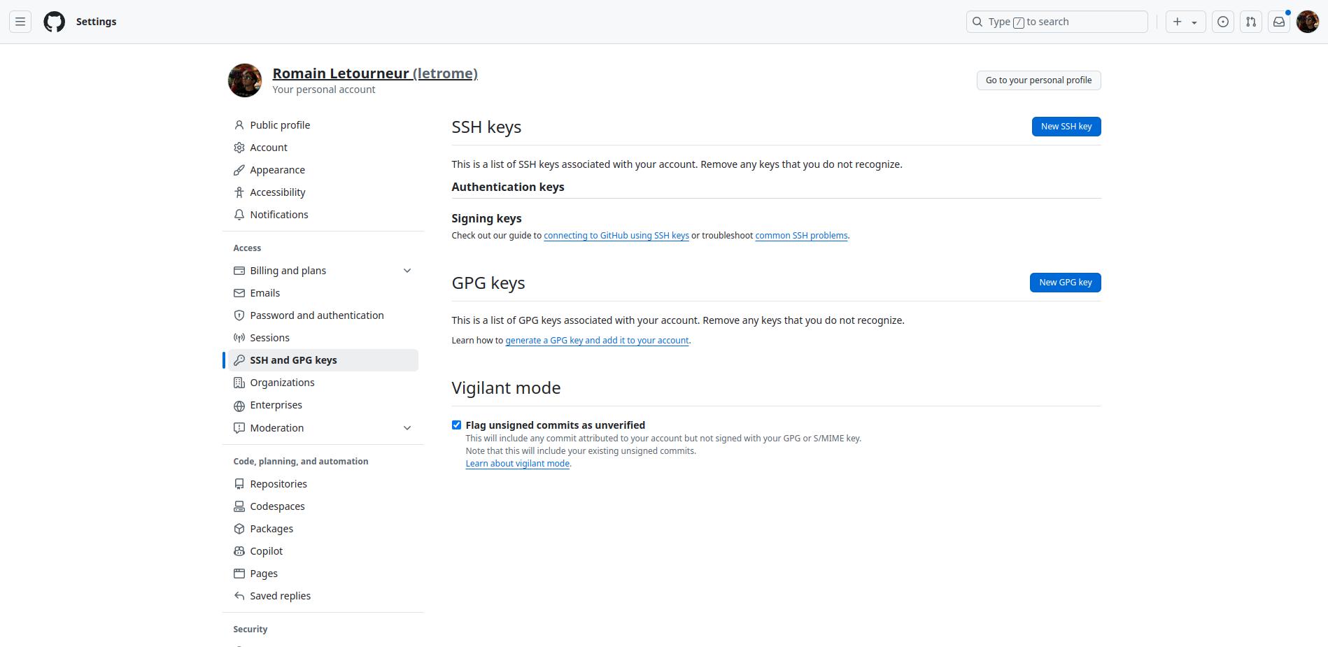 the SSH and GPG keys settings page on GitHub