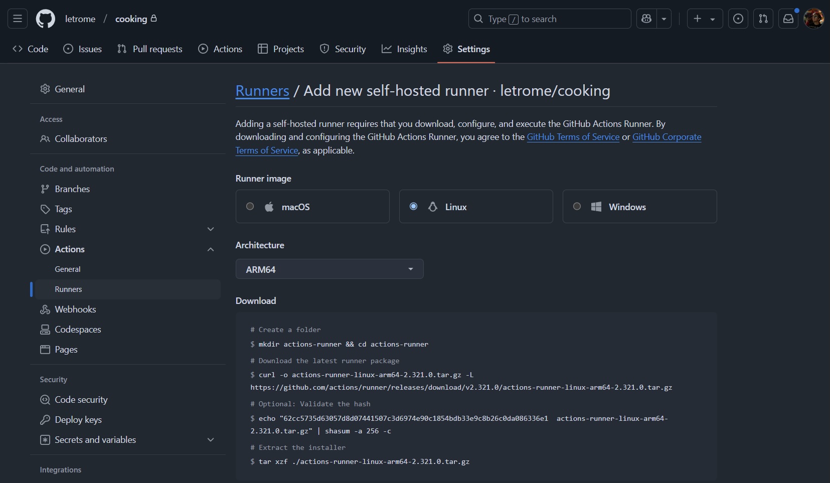 The "Add new self-hosted runner" page, on GitHub repositories