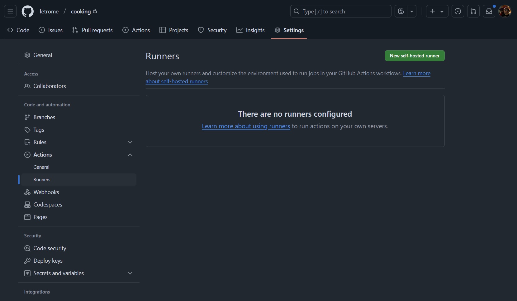 The "Runners" section, on GitHub repositories