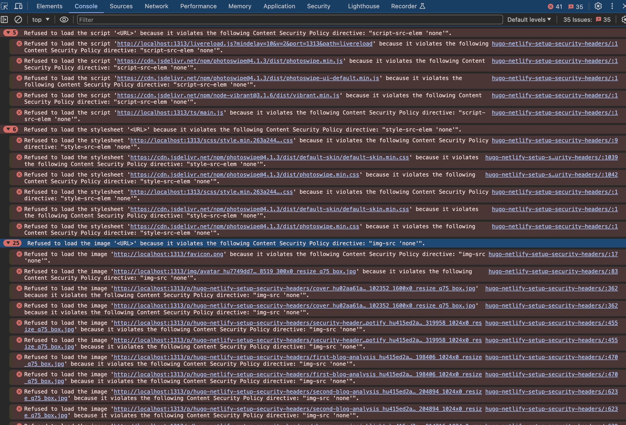 Google Chrome console displays error for a Content Security Policy with all fields set to 'none'