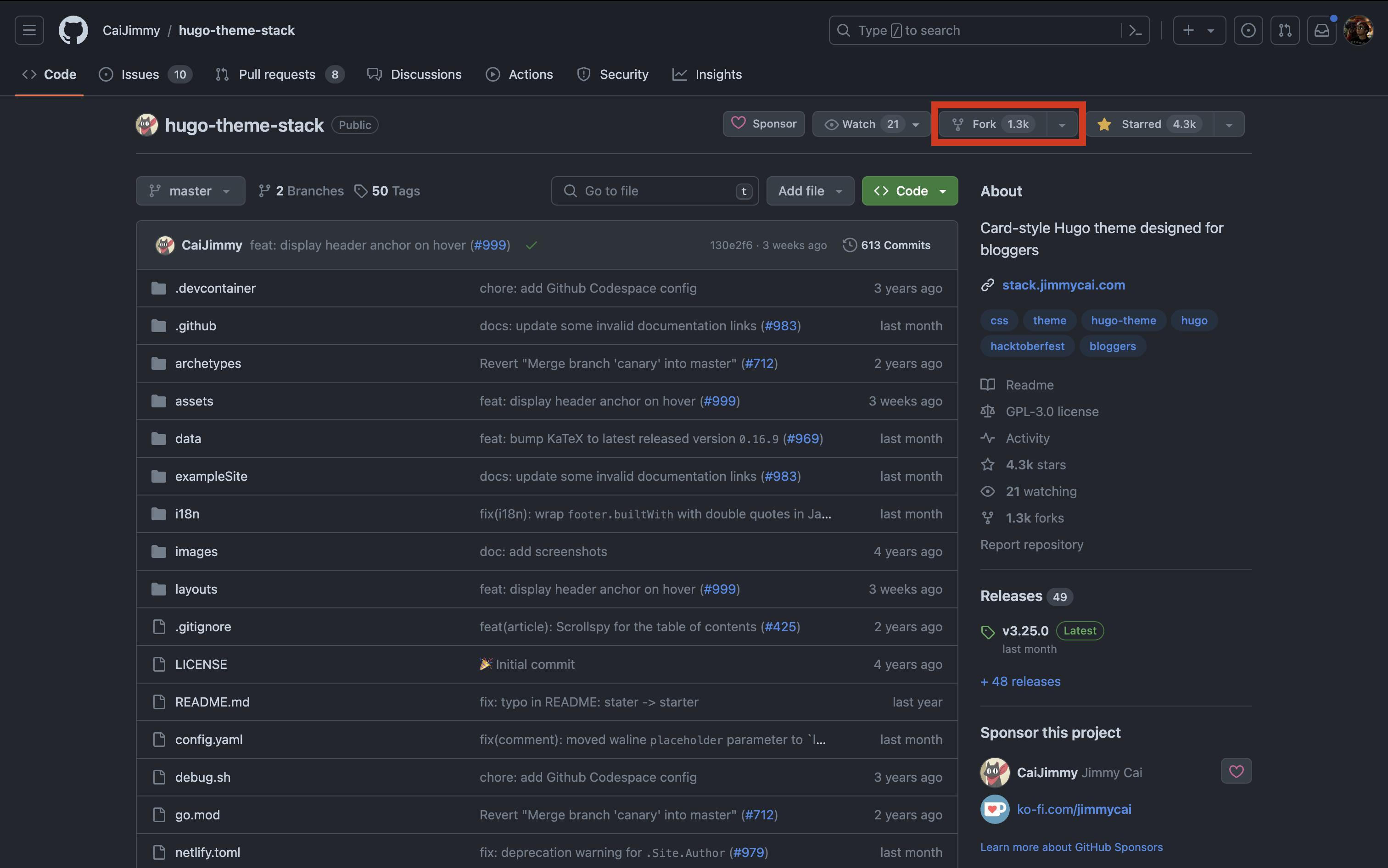 button "fork" on the hugo-theme-stack GitHub repository