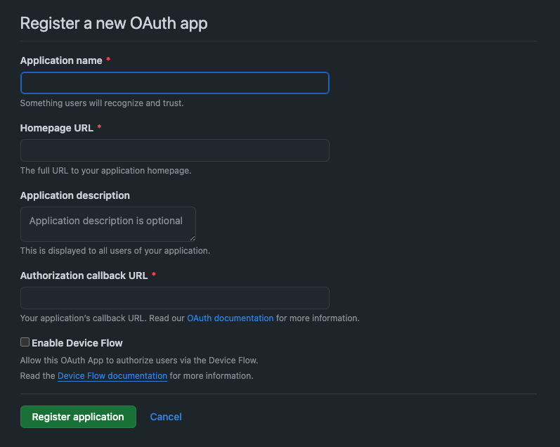 The creation form for an OAuth App on GitHub