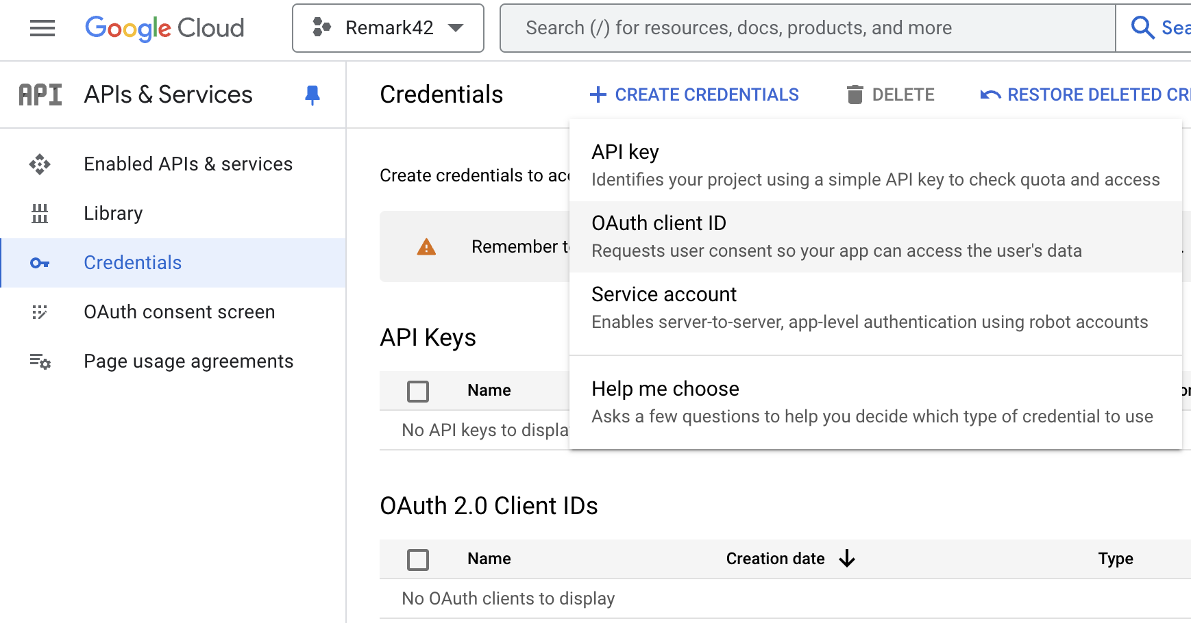 The OAuth client ID menu