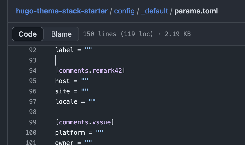 The [comments.remark42] section on params.toml