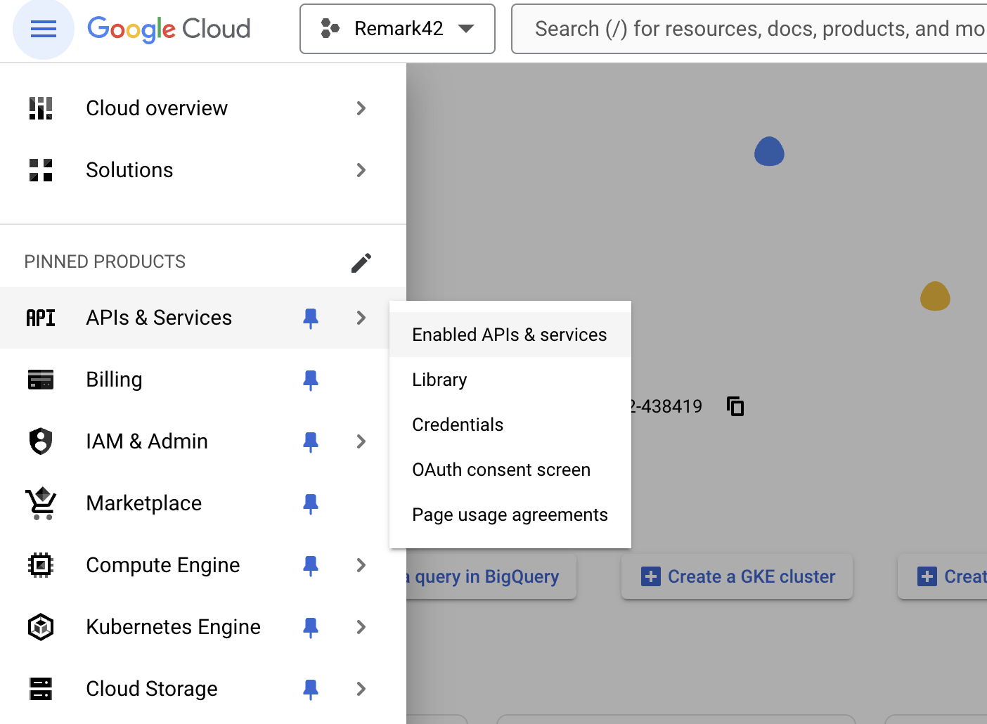 The section APIs & services on Google Cloud Console