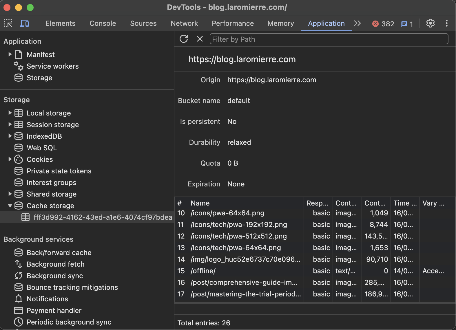 Cached elements displayed via the Google Chrome Dev Tools