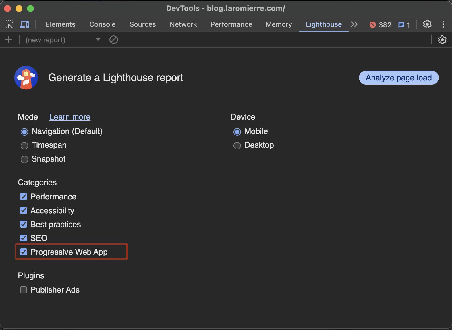 The Lighthouse section in the Google Chrome Dev Tools