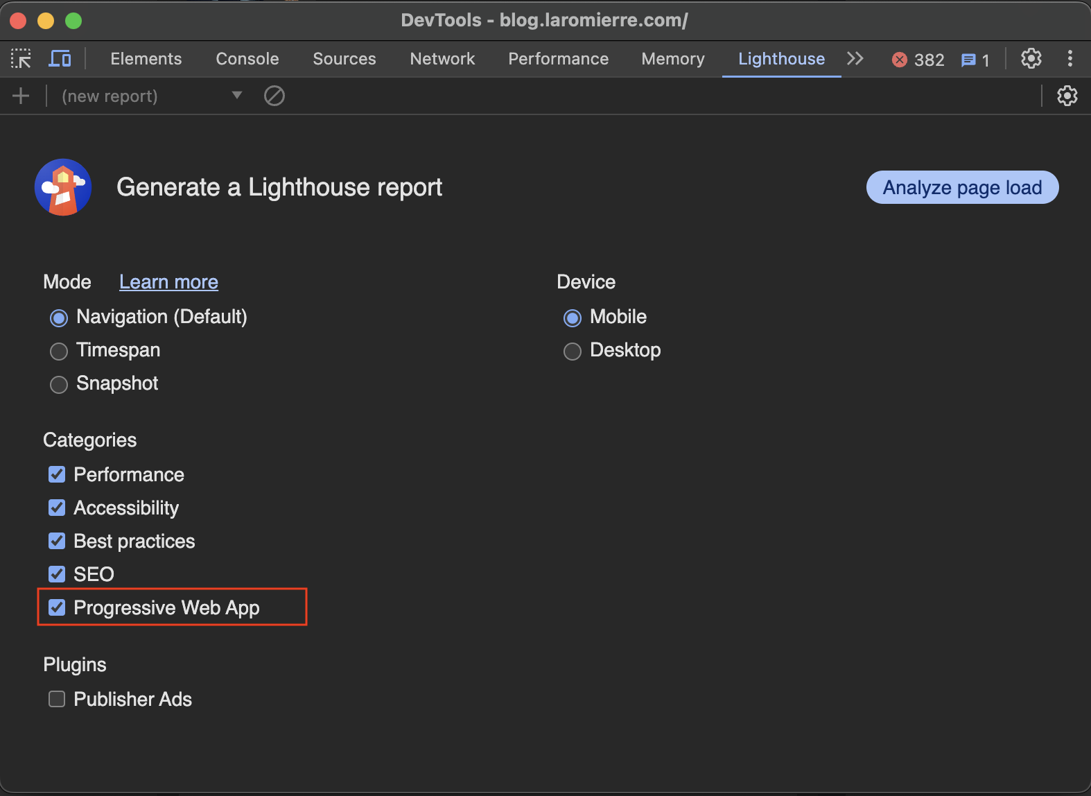 The Lighthouse section section in the Google Chrome Dev Tools